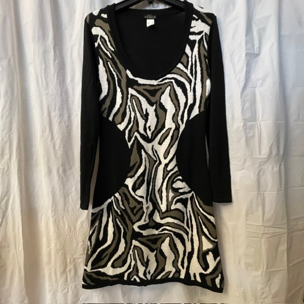 VENUS Y2K Zebra Optical Illusion Knit Sheath Sweater Bodycon Mini Dress Sz M
